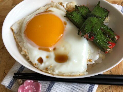 天かすのせご飯に目玉焼きとアラスカのしそ巻き♪